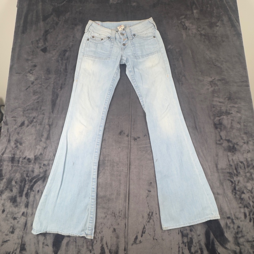 True Religion Flare Jeans Womens 26 Light Blue Patch Pocket Button Fly USA